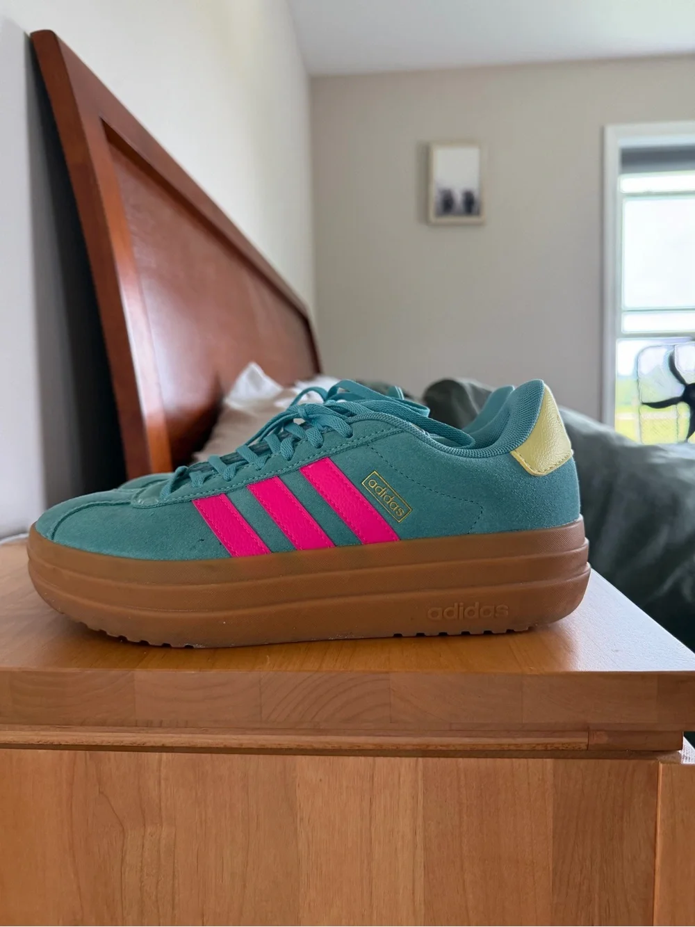 adidas Women's Teal Suede Sneakers with Pink Stripes - Picture 2 of 4